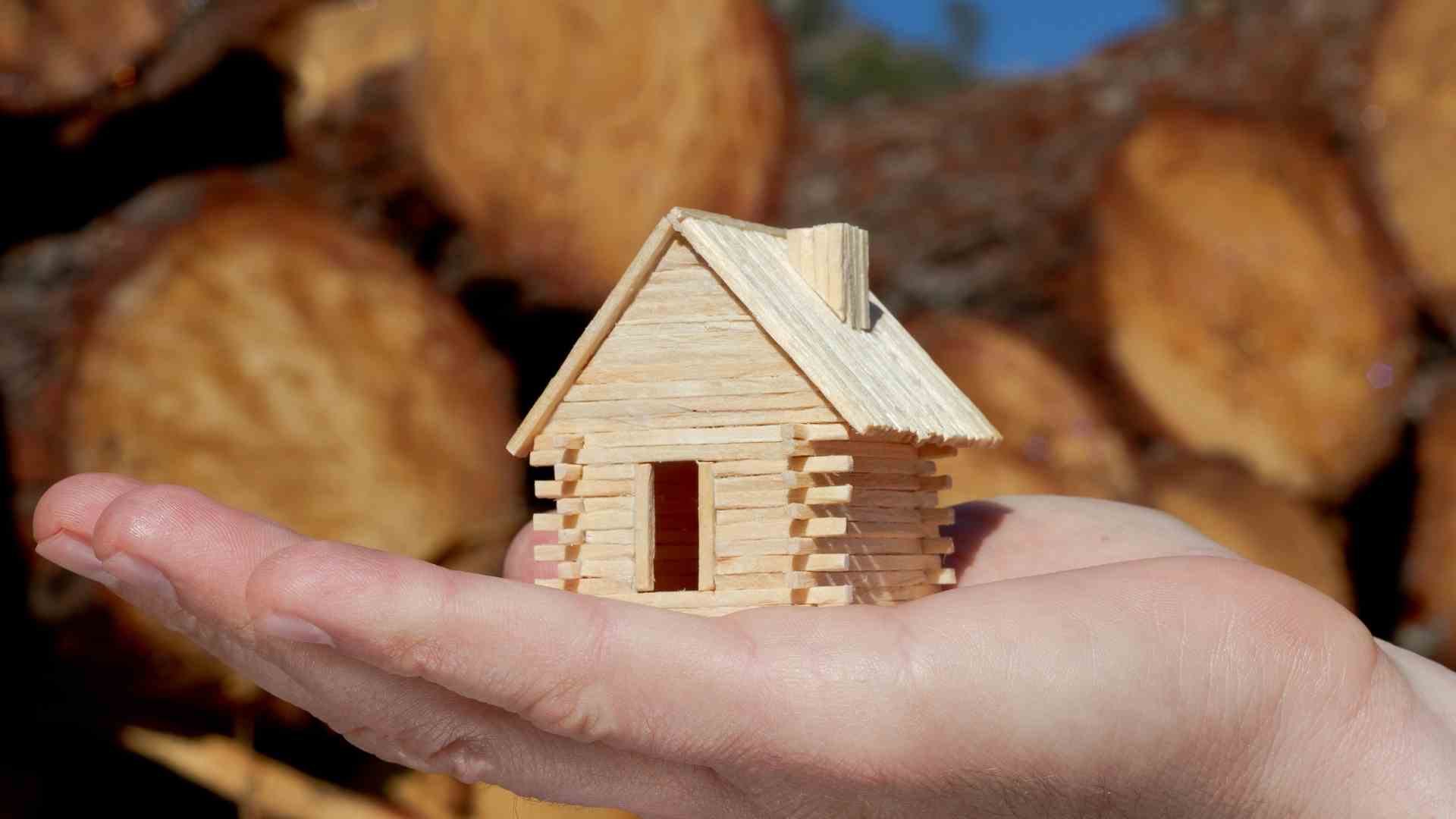 Muž držiaci miniatúru dreveného domčeka na dlani