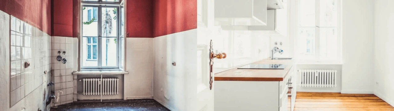 Porovnávacie fotografie pred a po rekonštrukcii kuchyne bytu.