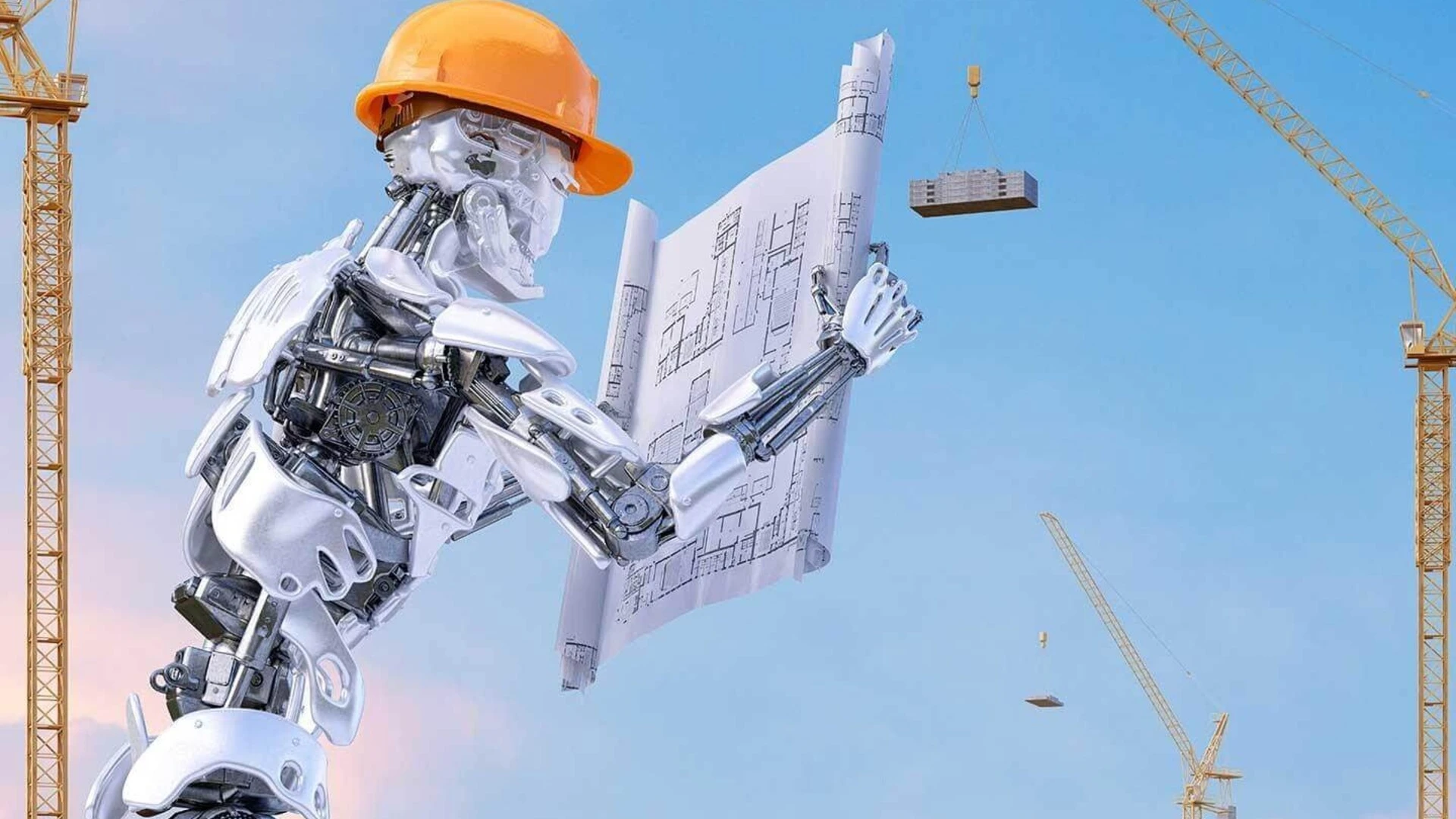 Humanoidný robot držiaci v rukách stavebný plán