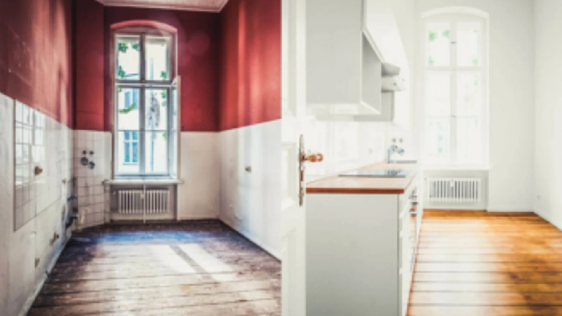 Porovnávacie fotografie pred a po rekonštrukcii kuchyne bytu.