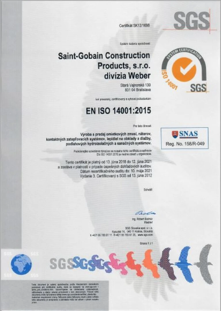 Certifikát ISO 14001_Weber 2018_2021_SK