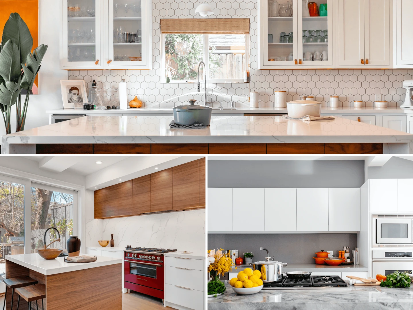 Koláž kuchýň s červenými a oranžovými doplnkami.