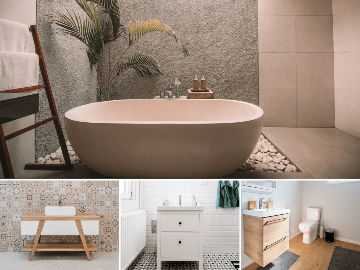 Koláž rôznych moderných kúpeľní.