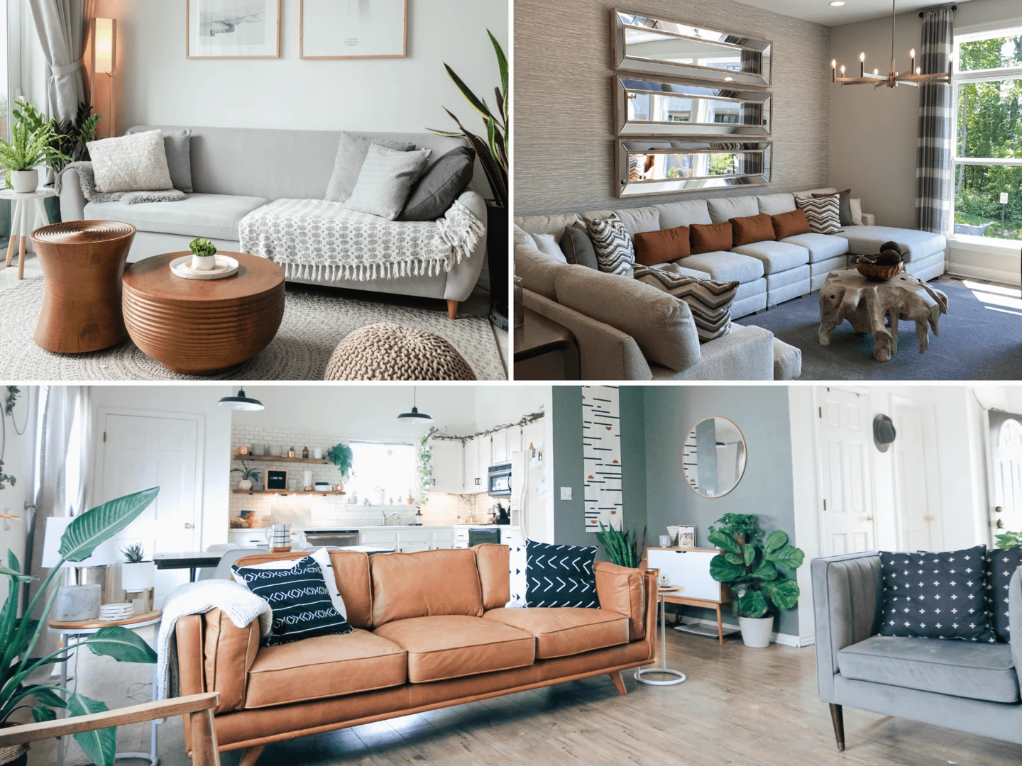 Koláž obývačiek zariadených v teplých zemitých tónoch.