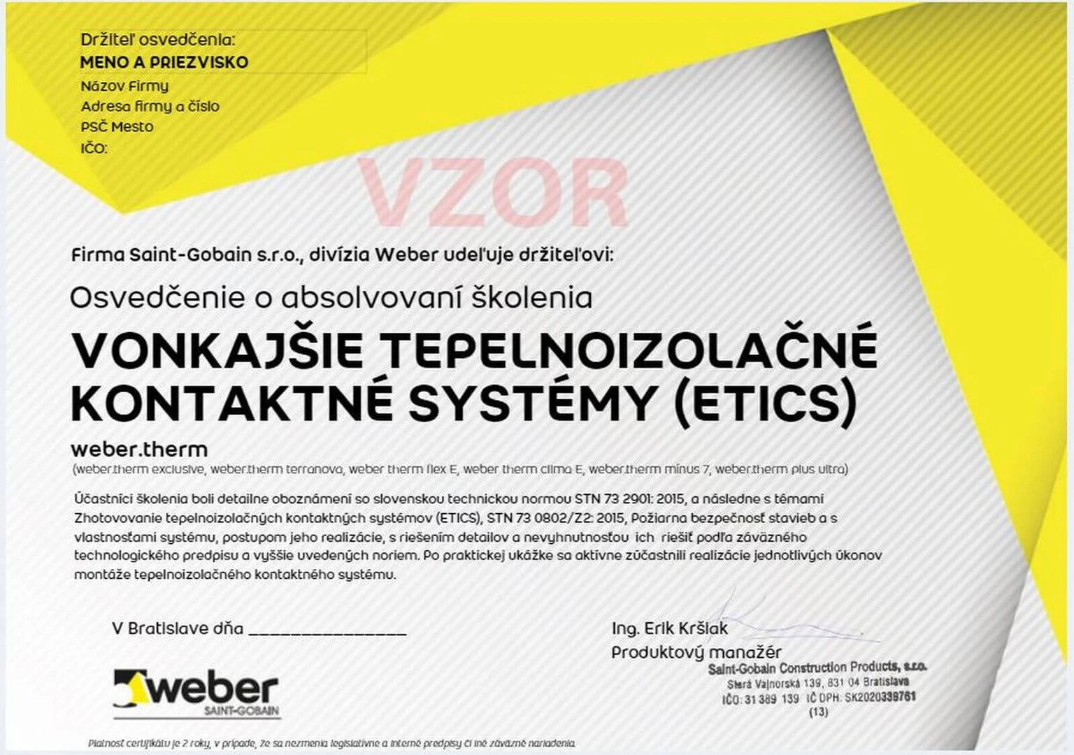 Certifikát Vonkajšie zateplovacie systémy weber.therm