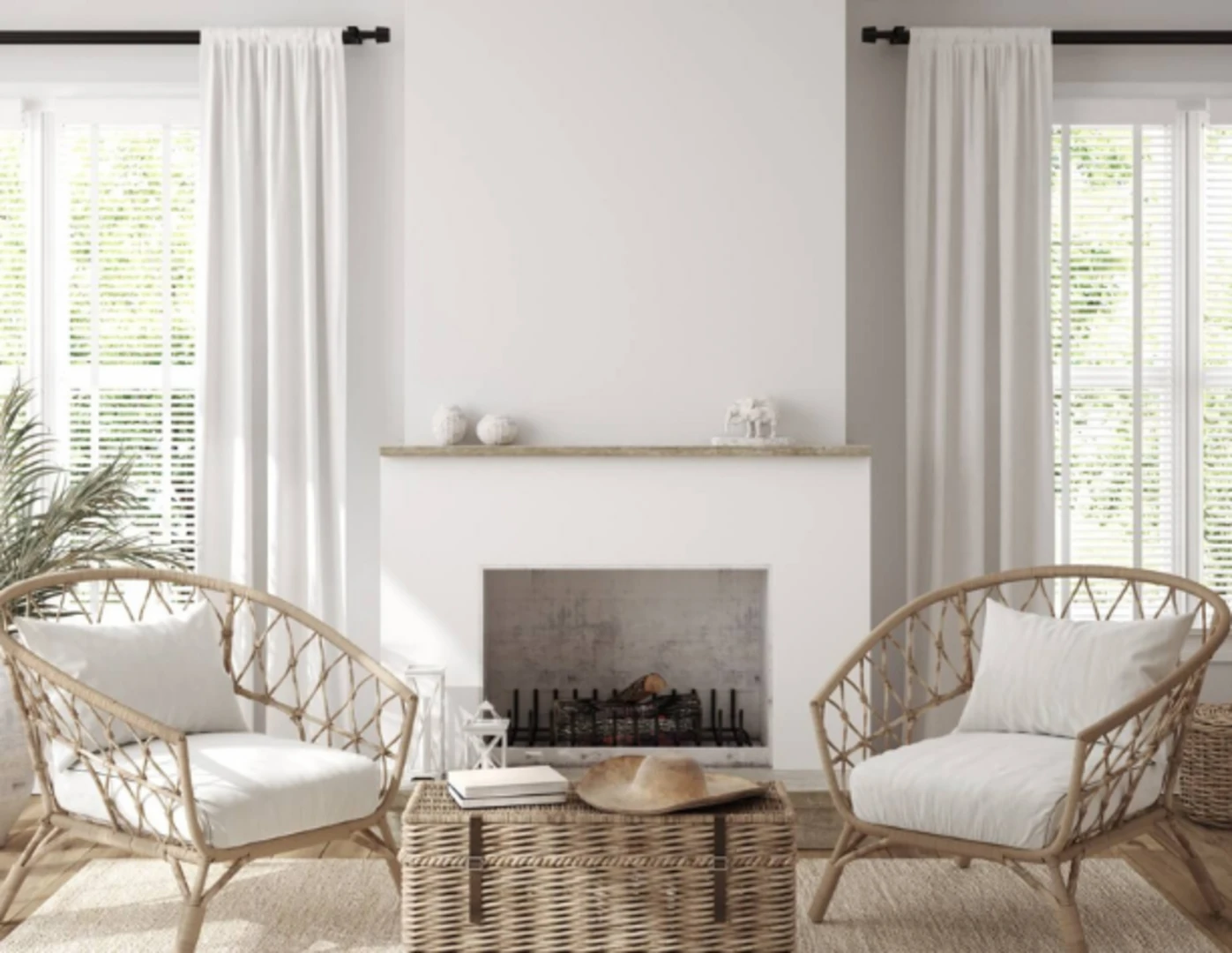 Uprataná obývačka zariadená v minimalistickom štýle v bielych farbách.