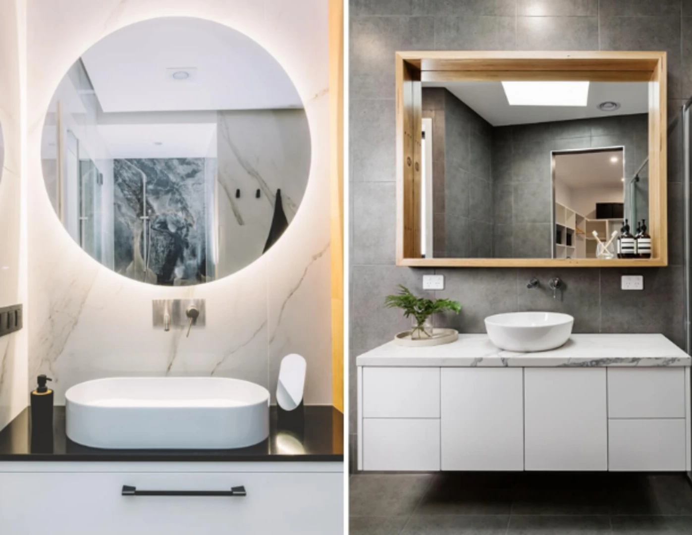 Kúpeľňa s veľkým okrúhlym zrkadlom s LED osvetlením a kúpeľňa s veľkým hranatým dreveným zrkadlom.