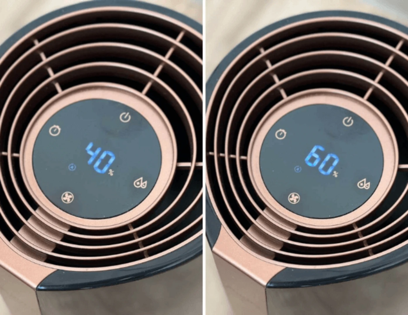 40 % a 60 % vlhkosť zobrazená na displeji zvlhčovača.