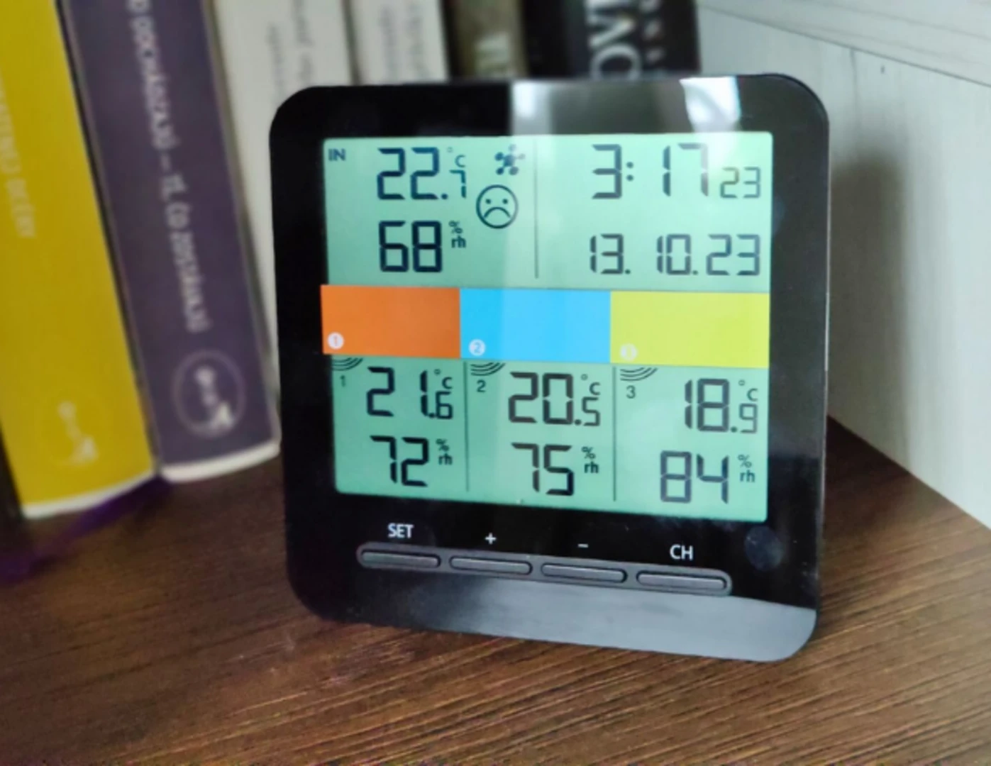 Vysoká 68% vlhkosť zobrazená na merači vlhkosti.