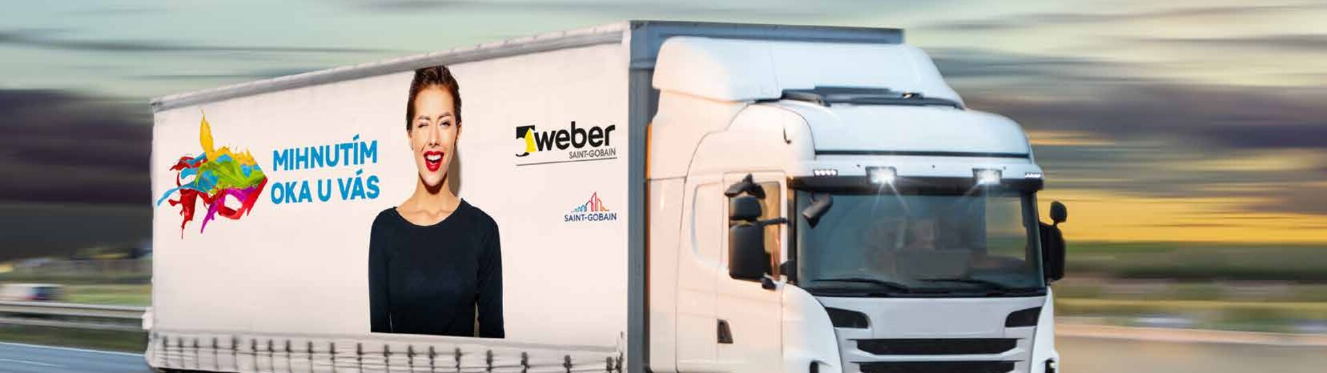 mihnutím oka u vás.jpg biely Weber kamión idúci po diaľnici