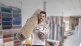 Muž kupujúci koberec v obchode