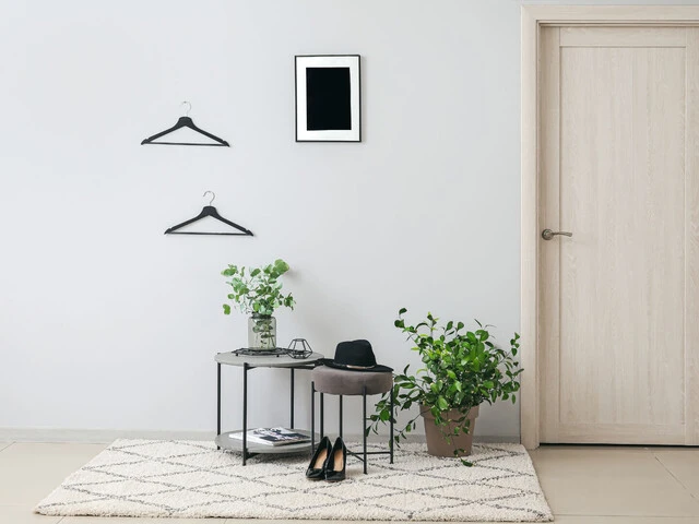 Vzorovaný koberec vo vstupnej hale bytu.