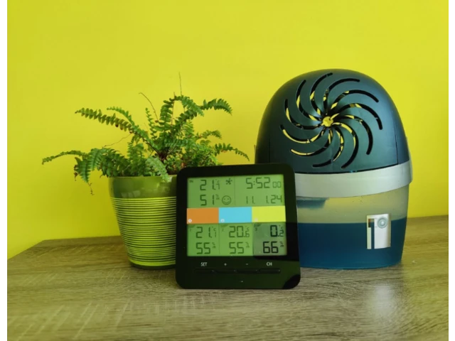 Papraď položená vedľa merača vlhkosti a odvlhčovača.